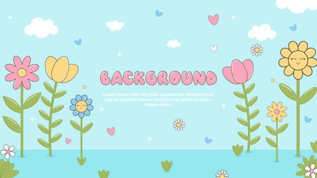 Colorful background with cute cartoon flowersのイラスト素材