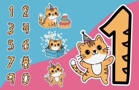 Set of numbers and cute illustrations with cats for birthday, hand drawnのイラスト素材
