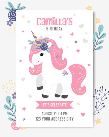 A pink and white birthday party invitation featuring a cartoon unicorn with a flower crown and pink mane and tail. The invitation includes the date, time, and location of the party.のイラスト素材