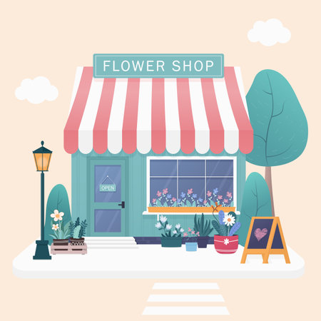 Flower shop, surrounded by flower pots and greenery.のイラスト素材