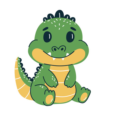 Adorable green cartoon crocodile, with big eyes and a smile.のイラスト素材