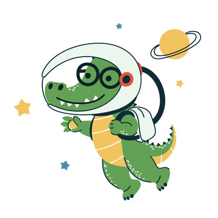 Cartoon crocodile in a space helmet explores the galaxy with stars and planets around.のイラスト素材