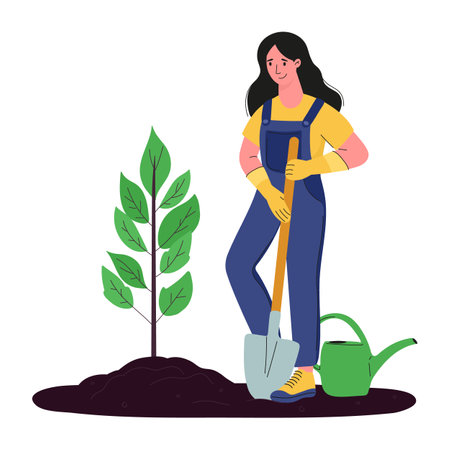 A woman is planting a small tree in the garden.のイラスト素材