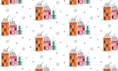 Seamless pattern with cute hand drawn houses.のイラスト素材
