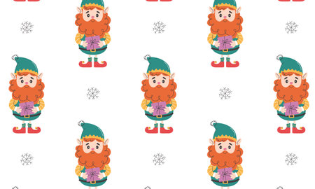 Seamless pattern with an elf in a hat and a long beard.のイラスト素材