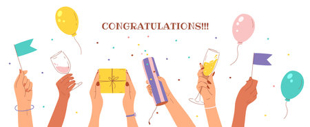 Congratulatory illustration with characters hands. Holiday concept. Vector illustration.のイラスト素材