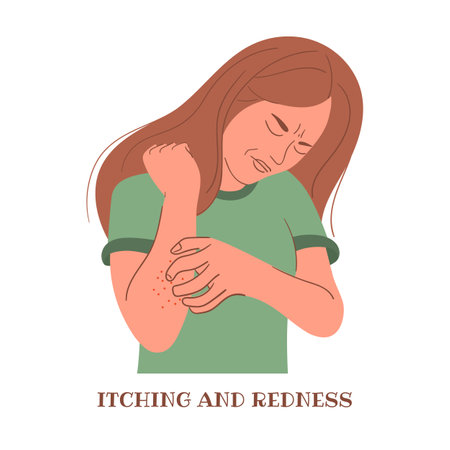 Woman scratching skin on her arm. Various skin problems. Hand drawn vector illustration.のイラスト素材