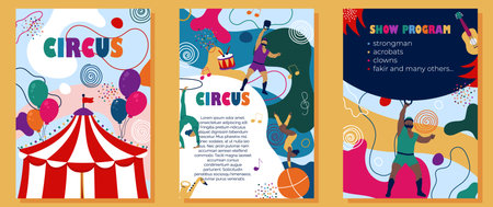 A colorful circus program with artists, activities and brochure design for a fun event.のイラスト素材