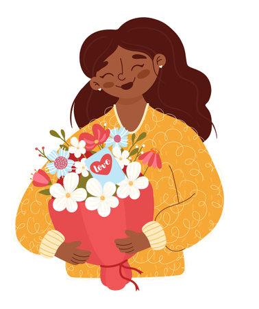 Smiling African American woman holding a bouquet of flowers. Hand drawn.のイラスト素材