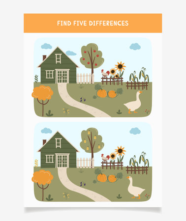 Find five differences, worksheet for kids game. Children educational riddle, vector quiz book pageのイラスト素材