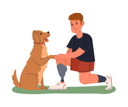 A guy with a prosthetic leg walks his dogのイラスト素材