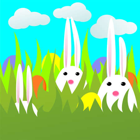 Easter card with rabbits and eggs in green grass.のイラスト素材