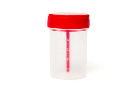 Empty plastic medical test container with red cap on white background shot with studio lightの写真素材