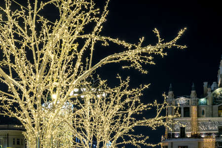 Moscow, Russia - December 16 2018: New Year and Christmas street decorations on the trees in Moscowのeditorial素材