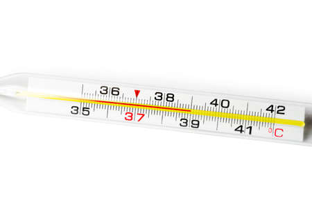 Glass mercury celsium thermometer showing high temperatureの写真素材