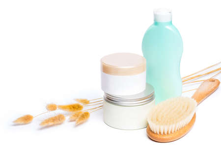 Skin care products and a brush on white backgroundの写真素材
