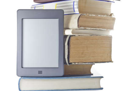 E-book vs print book.Isolated on white background.の写真素材