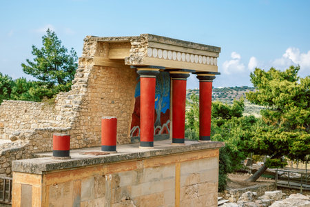 The North Entrance of the Palace with charging bull fresco in Knossos at Crete, Greeceの写真素材