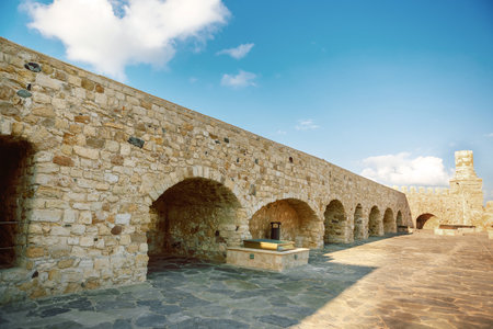 View of resort Greek architecture Rethymno city-port, built by Venetians, from height of Fortezza...