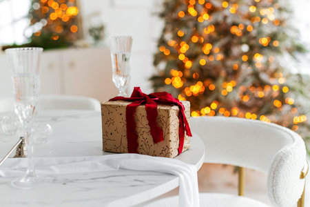 Christmas table setting. Linen tablecloth and gift box on the table. Christmas decor in the interior of living room. Minimalistic rustic style in the interior of the kitchen and dinning room.の写真素材