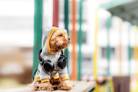 Yorkshire terrier sitting and listening music on the street. Dog in windcheater and hoodie with headphones.の写真素材