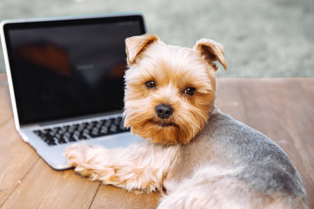 Portrait of a Yorkshire Terrier dog in front of a laptop outdoor on a meadowの写真素材