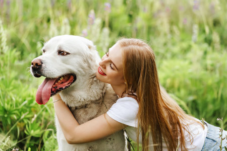 Portrait woman and her best friend white dog in the park in summer. Alabai Central Asian Shepherd...