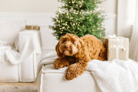 Close up portrait of a young brown labradoodle dog is proudly sitting in front a decorated christmas tree. Cute puppy play at home, new year decorated interior.の写真素材