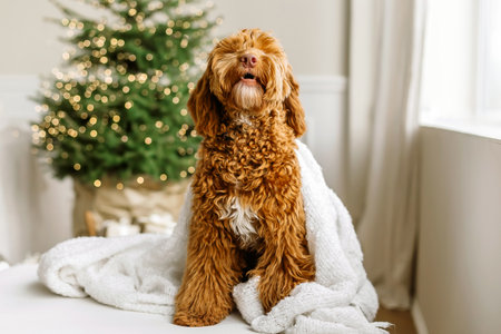 Close up portrait of a young brown labradoodle dog is proudly sitting in front a decorated christmas...