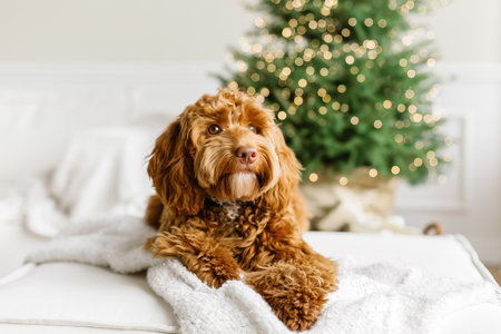Close up portrait of a young brown labradoodle dog is proudly sitting in front a decorated christmas...