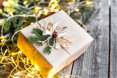 Cute vintage christmas new year gifts mock up on wooden background