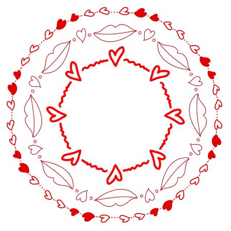 Abstract doodle frames set with hearts and lips. Isolated abstract hand drawn art on white background.のイラスト素材