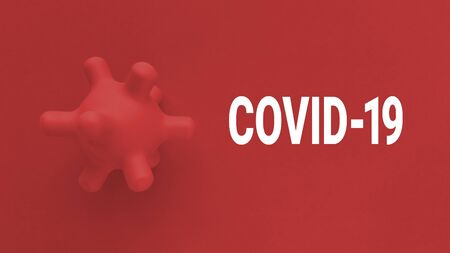 Abstract coronacirus bacteria with covid-19 text. Flat lay monochrome red banner. Stock photography.の写真素材