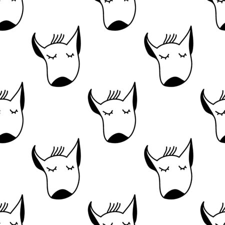 Seamless pattern made with doodle head of bull terrier dog with closed eyes. Isolated on white. Vector stock illustration.のイラスト素材