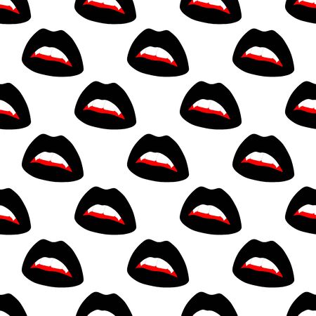Seamless pattern made from flat black open lips with vampire fangs. Isolated on white background. Vector stock illustration.のイラスト素材
