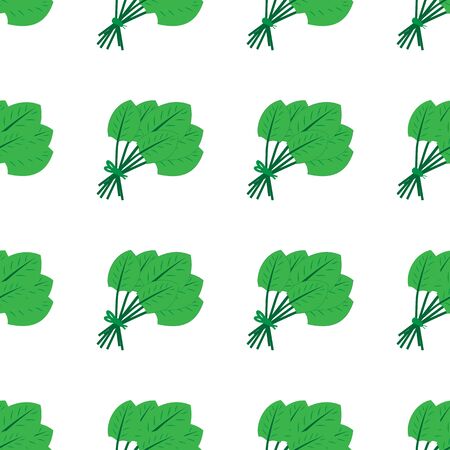 Seamless pattern made from flat green doodle bunch of spinach. Isolated on white. Vector stock illustration.のイラスト素材