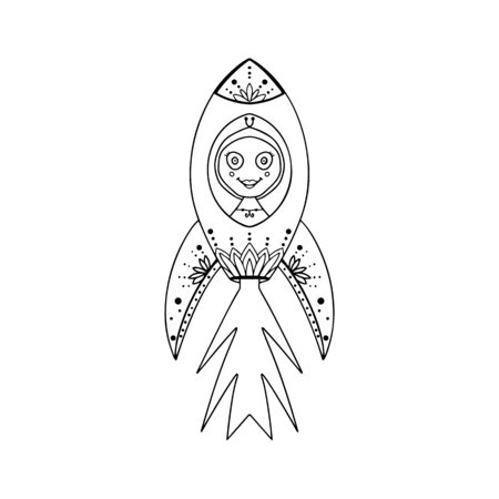 Cute hand drawn doodle cartoon rocket with female alien. Isolated on white. Vector stock illustration.のイラスト素材