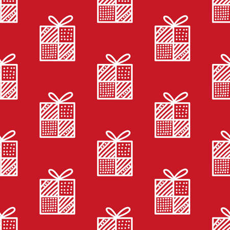 Seamless pattern made from white doodle gift boxes with bow on red background. Vector stock illustration.のイラスト素材