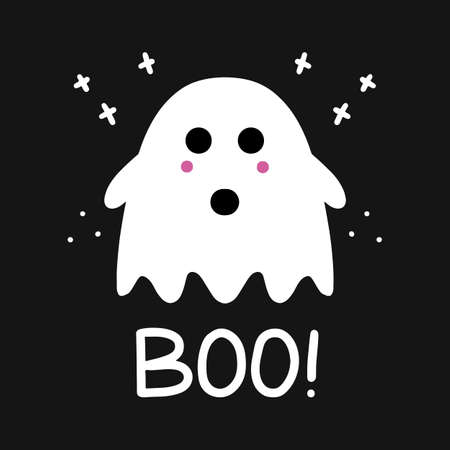 Cute ghost with pink blush and boo lettering. Simple doodle art. Halloween greeting card. Vector stock illustration.のイラスト素材