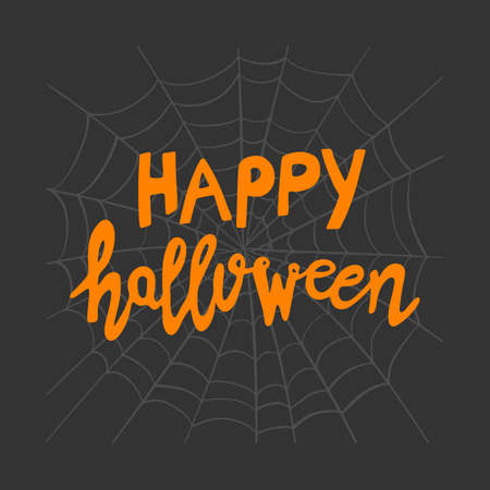 Happy Halloween. Orange handwritten lettering on gray spiderweb sketch on dark background. Vector stock illustration.のイラスト素材