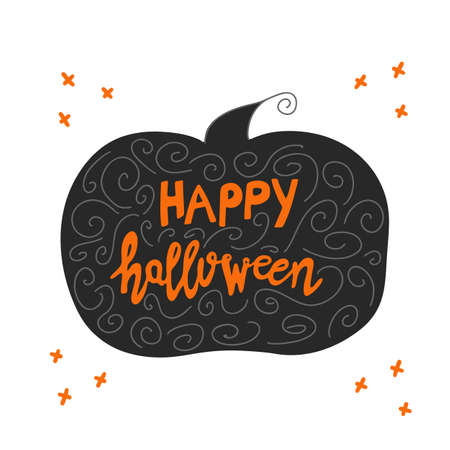 Happy Halloween. Handwritten orange lettering inside black pumpkin silhouette with doodle spiral and cross elements. Isolated on white. Vector stock illustration.のイラスト素材