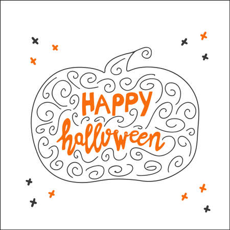 Happy Halloween. Handwritten orange lettering inside pumpkin silhouette with doodle spirals and cross elements. Isolated on white. Vector stock illustration.のイラスト素材