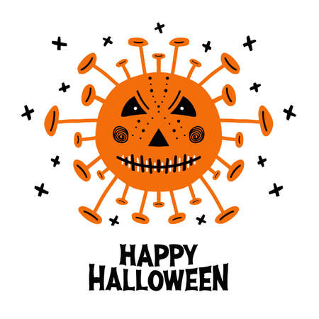 Halloween hand drawn coronavirus bacteria with scary face and lettering. Isolated on white. Vector stock illustration.のイラスト素材