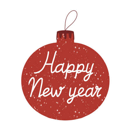 Hand drawn Christmas tree ball icon with snowing effect and Happy New Year lettering inside. Isolated on white background.のイラスト素材