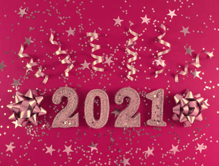 Greeting card of New Year 2021. Glittered figures, stars, bows and ribbons on a pink background.の写真素材