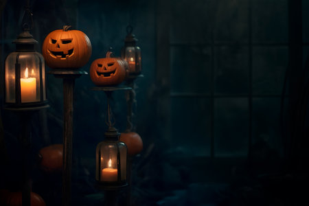 Halloween background with copy space. A dark room with a large window decorated with candles and jack-o-lanterns. Generative AIの素材