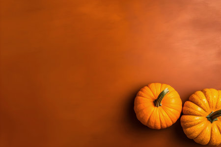 Orange pumpkins on a brown background. Simple flat lay with copy space. Generative AIの素材