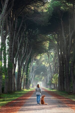 girl with a red dog walks in the park. A beautiful path in Italy. Nova Scotia Duck Tolling Retriever and his owner. travel with petの写真素材