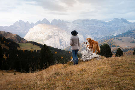 girl with a dog in the mountains. travel, Nova Scotia Duck Tolling Retriever with with a woman....
