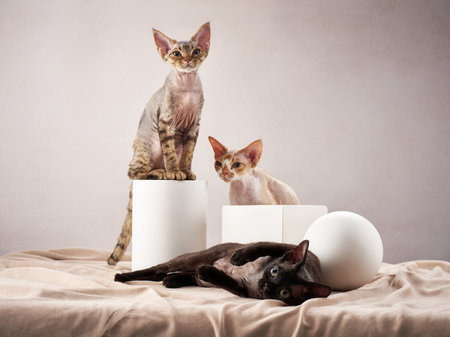 three kittens Devon Rex on a beige background. Cat in the photo studio